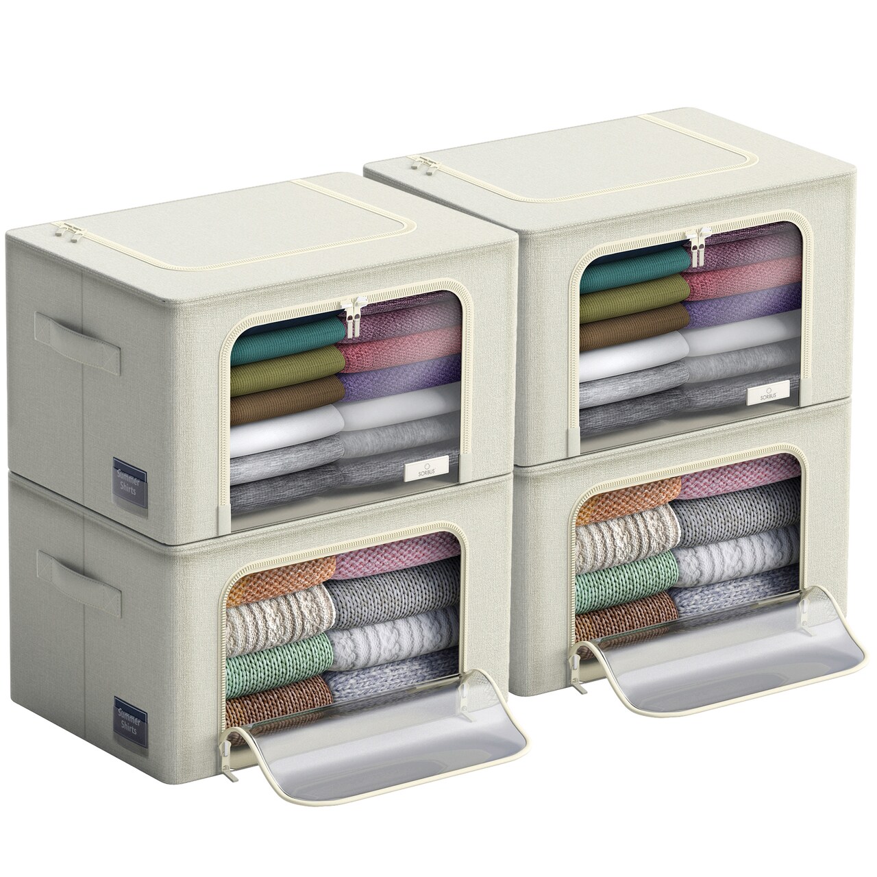 Sorbus Large Storage Bins, 4 Pack Stackable & Foldable Clothes Organizer Bags with Metal Frame, Window, & Handles